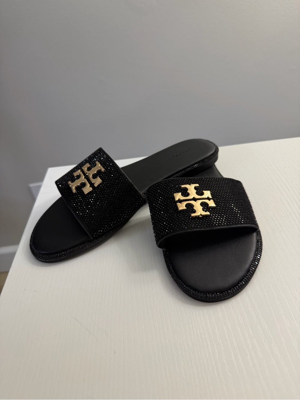 Tory Burch Black Crystal Logo Slide Sandals
